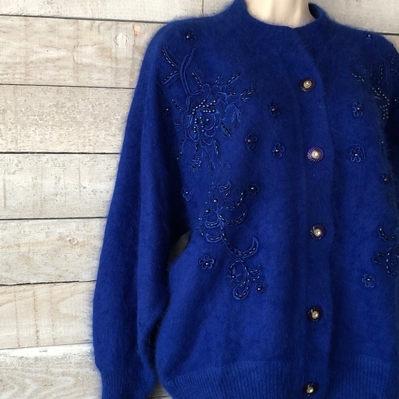 Luxurious cobalt blue angora cardigan With floral accents and blue pearl beads - Picture 3 of 6
